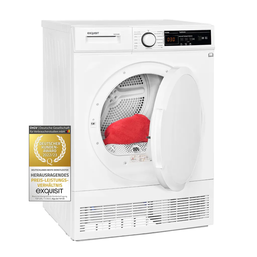 Exquisit Kondensationstrockner TK810-060 Weiss | Kondenstrockner | Startzeitvorwahl | LED-Display | Edelstahltrommel | EEK: B | Füllmenge: 8 Kg | Weiß 3 Exquisit Kondensationstrockner TK810-060 Weiss | Kondenstrockner | Startzeitvorwahl | LED-Display | Edelstahltrommel | EEK: B | Füllmenge: 8 Kg | Weiß