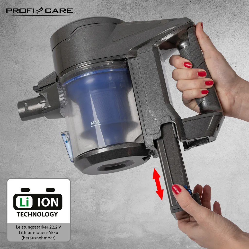 ProfiCare 2in1 Hand-und Bodenstaubsauger PC-BA 3036 A, Leistungsstarker 22,2 V Lithium Ionen Akku, HEPA-Filter, Spezialbürste Für Polster U. Textilien, Inkl. Wandhalterung, Anthrazit-blau 7 ProfiCare 2in1 Hand-und Bodenstaubsauger PC-BA 3036 A, Leistungsstarker 22,2 V Lithium Ionen Akku, HEPA-Filter, Spezialbürste Für Polster U. Textilien, Inkl. Wandhalterung, Anthrazit-blau – Bild 5