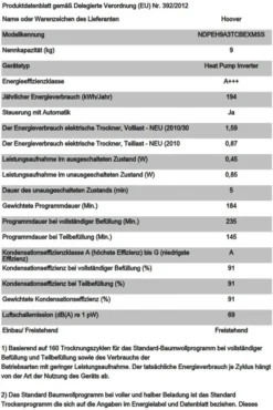 HOOVER NDPEH9A3TCBEXMSS WÄRMEPUMPENTROCKNER H-DRY500 Füllmenge 1-9 Kg -Rein Blitz Geschaft 3ec33e62b46ab6bbd0d0c81b47a83605