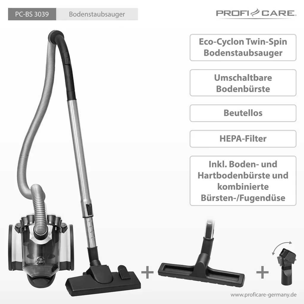 ProfiCare Bodenstaubsauger PC-BS 3039, 4-Fach Mikrofiltersystem, HEPA-Filter Teleskoprohr Aus Edelstahl (höhenverstellbar), Elektronische Leistungsregelung, Weiß 12 ProfiCare Bodenstaubsauger PC-BS 3039, 4-Fach Mikrofiltersystem, HEPA-Filter Teleskoprohr Aus Edelstahl (höhenverstellbar), Elektronische Leistungsregelung, Weiß – Bild 10