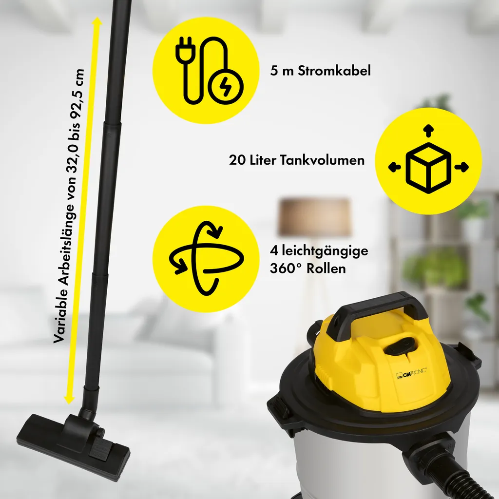Clatronic Nass Trockensauger 3in1 Trockensauger Nasssauger Und Gebläsefunktion, 20L Tank, Extra Langes Kabel (5m) Inkl. Aufsätze U. Auswaschbarem Permanentfilter, 1200 Watt, BS 1313 4 Clatronic Nass Trockensauger 3in1 Trockensauger Nasssauger Und Gebläsefunktion, 20L Tank, Extra Langes Kabel (5m) Inkl. Aufsätze U. Auswaschbarem Permanentfilter, 1200 Watt, BS 1313 – Bild 2