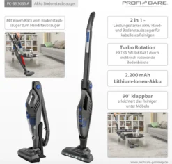 ProfiCare 2 In 1 Hand-und Bodenstaubsauger PC-BS 3035 A, Praktische Ladestation Inkl. Zubehörhalterung, Leistungsstarker 14,8 V Lithium Ionen Akku, Turbo Rotation, HEPA-Filter, Anthrazit-blau -Rein Blitz Geschaft 7b09c28803a5a45f27053b32e2e94d5e