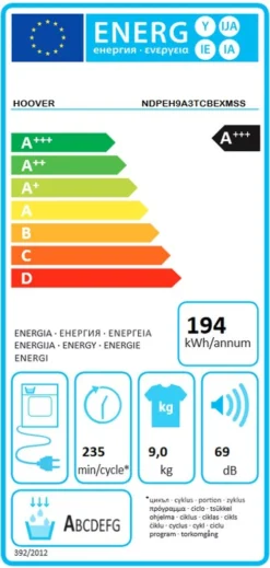 HOOVER NDPEH9A3TCBEXMSS WÄRMEPUMPENTROCKNER H-DRY500 Füllmenge 1-9 Kg -Rein Blitz Geschaft 9bbac601f93f064dad607b39e9a6a639
