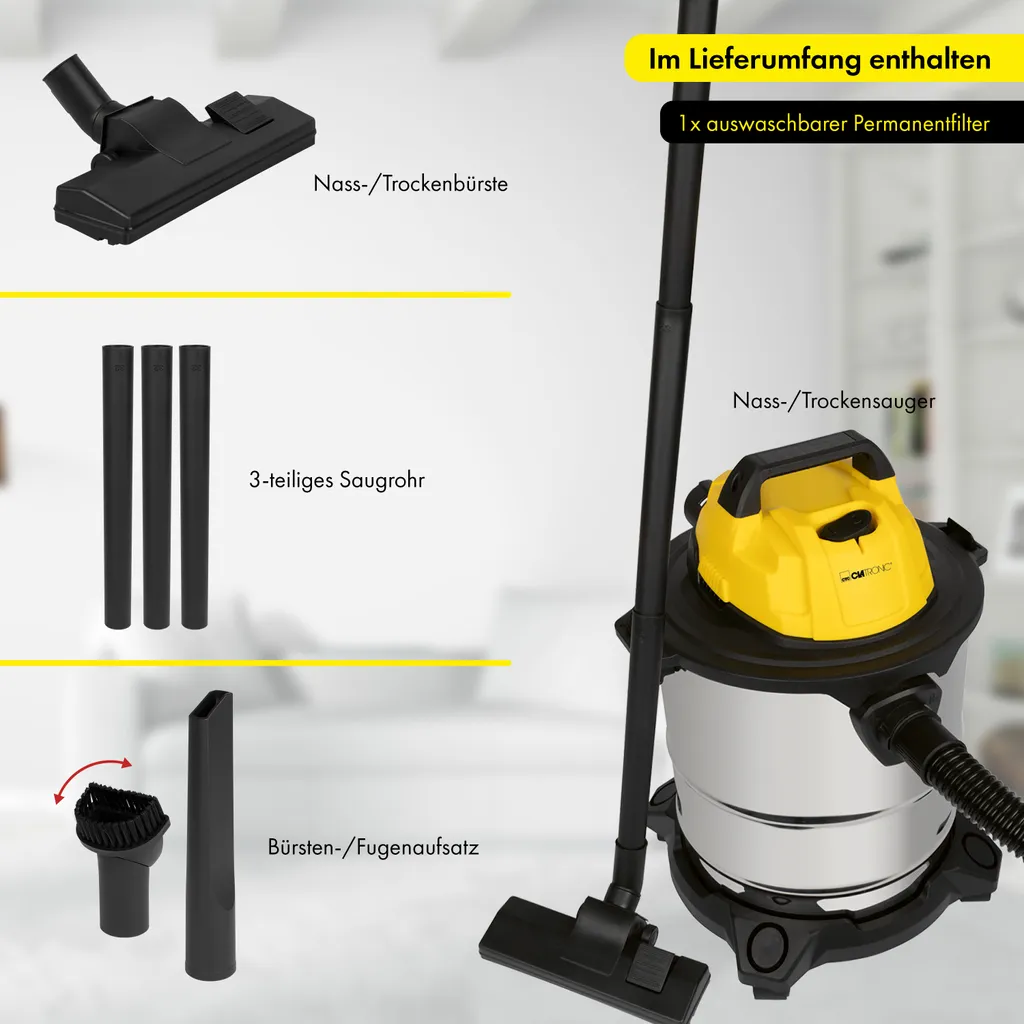 Clatronic Nass Trockensauger 3in1 Trockensauger Nasssauger Und Gebläsefunktion, 20L Tank, Extra Langes Kabel (5m) Inkl. Aufsätze U. Auswaschbarem Permanentfilter, 1200 Watt, BS 1313 5 Clatronic Nass Trockensauger 3in1 Trockensauger Nasssauger Und Gebläsefunktion, 20L Tank, Extra Langes Kabel (5m) Inkl. Aufsätze U. Auswaschbarem Permanentfilter, 1200 Watt, BS 1313 – Bild 3